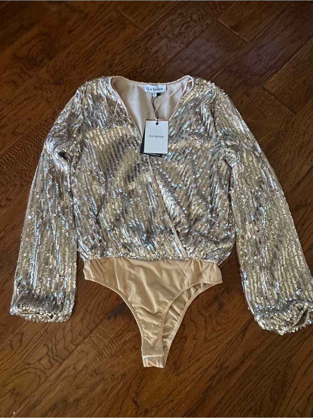 En Saison Gold Sequin Long-Sleeve One-Piece Bodysuit